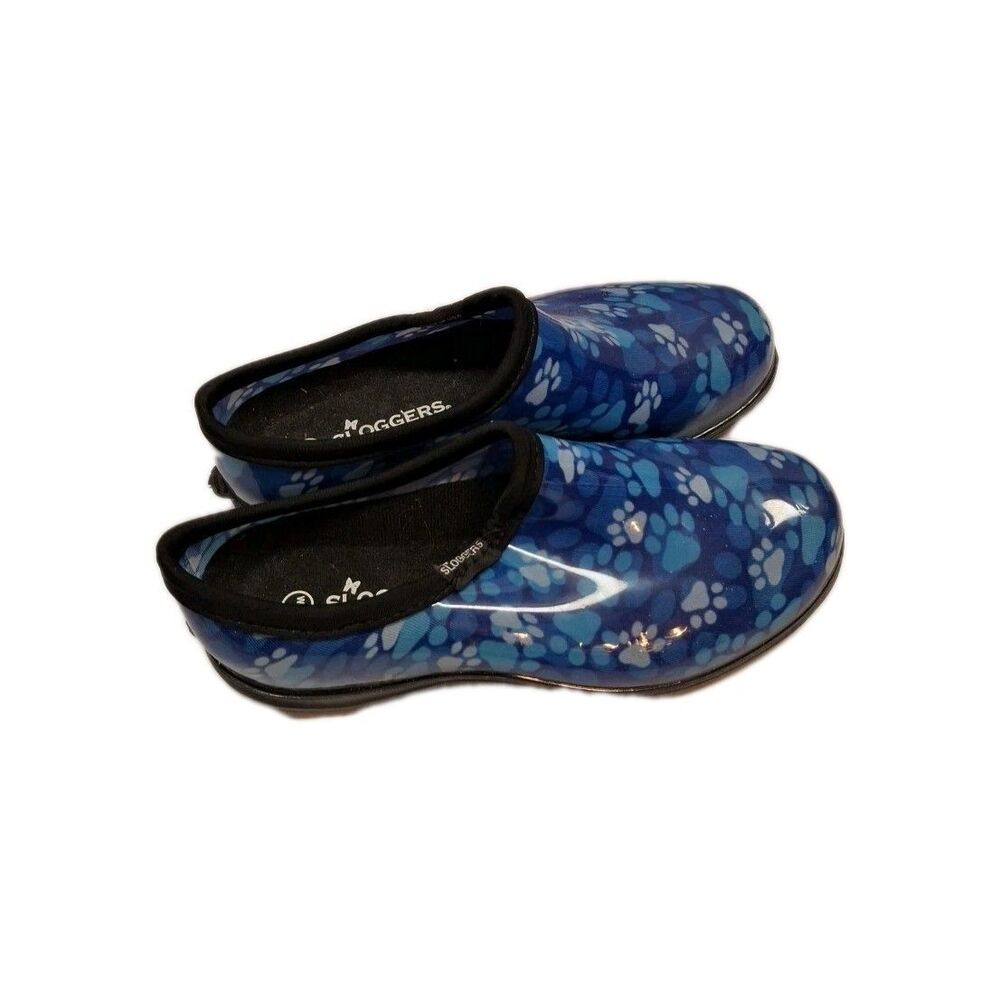 Sloggers Paw Print Blue Rain and Garden Shoe Womans 9 Lug Sole Slip Ons